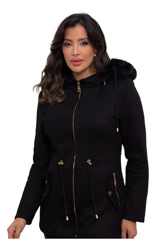 Jaqueta Parka Dupla Face Suede Feminina Corta Vento Inverno