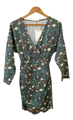 Vestido Corto Estampado Paisley Verde Cuello V Talla S Mujer