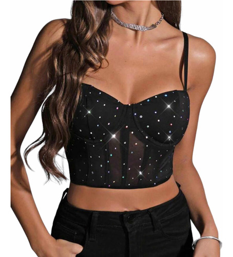 Top Corset Encaje Shines Brillos Armado Negro Tul Mujer