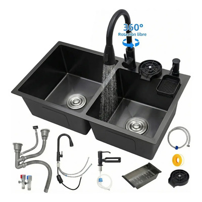 Fregadero De Acero Inoxidable Negro 80X45X22Cm: Tarja Doble Para Cocina, Tipo Empotrar Y Kit Con Organizador | Envío gratis