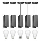 Kit 5 Pendente Quadrado Teto Bancada Cozinha Com Lamp Led 9w