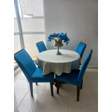 Mesa Redonda C/ 4 Cadeiras De Veludo Azul Turquesa