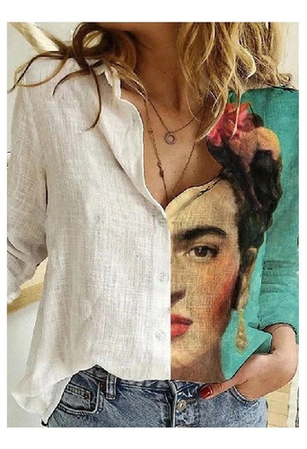 Camisa Con Solapa De Lino Con Estampado De Gente