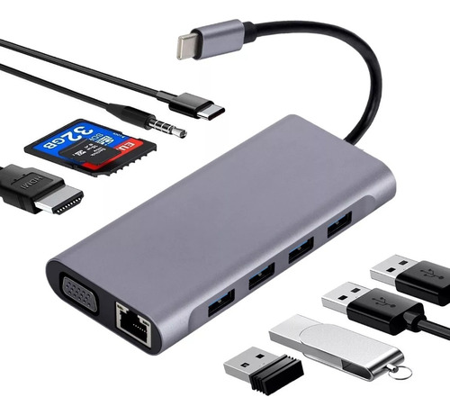 11 En 1 Hub Usb Sd Pd Tipo C Hdmi 4k Vga Rj45 Para Mac iPad