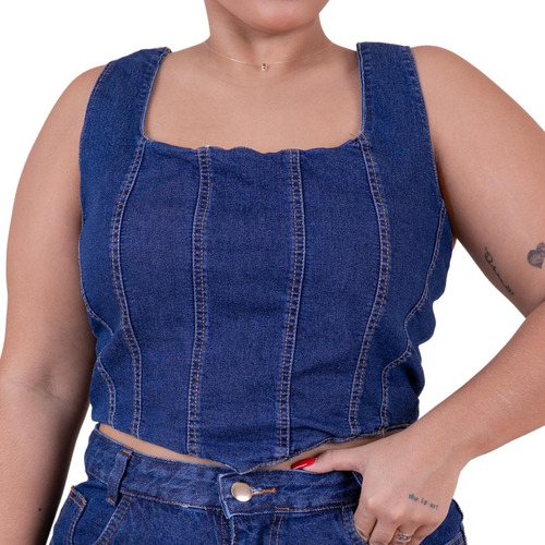 Cropped Regata Jeans Plus Size Arrumado Detalhe Em Costura