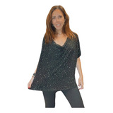 Blusa Remera Negra Fiesta Strass Brillo Tornasol Xl Xxl Real