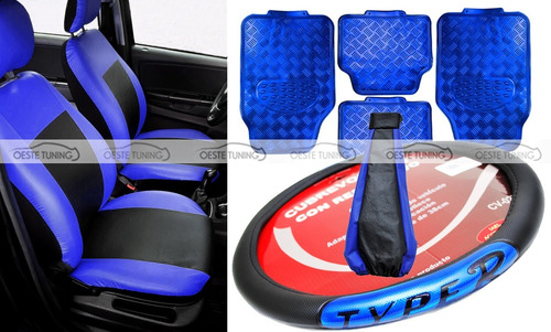 Fundas Asiento Cuero + Cubrevolante + Alfombras + Cofia Azul