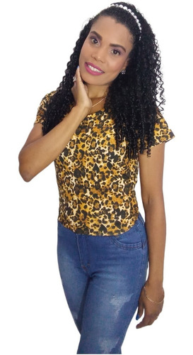 Blusa Camiseta Feminina T-shirt Viscolycra Animal Print Onça