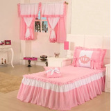 Kit Quarto De Menina Colcha Infantil Cobre Leito Solteiro Meg + Cortina 4 Peças Rosa