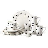 Juego De Vajilla Porcelana Blanco Negro 16 Pzs Lunares