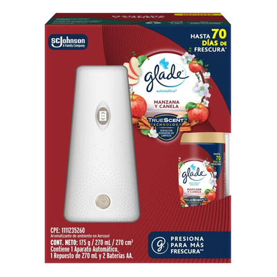 Aromatizante Automático en Aerosol Glade, Frescura Programable para tu Hogar durante Hasta 70 Días, Aroma Manzana y Canela, Incluye 1 Aparato y 1 Repuesto de 270 ml | MercadoLibre