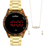 Relógio Digital Condor Feminino Dourado Com Semi Jóias Cor Do Bisel Marrom Cor Do Fundo Preto