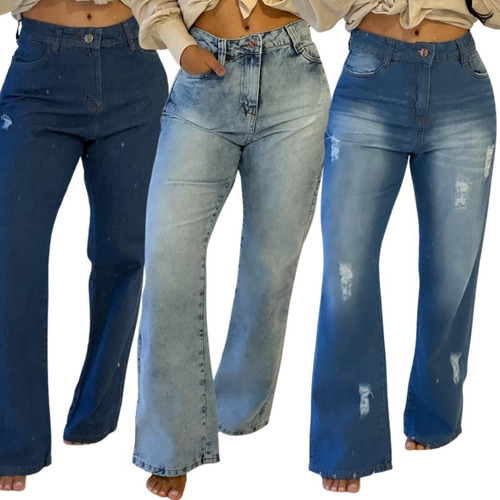 Kit 3 Calça Jeans Feminina Wide Leg Rasgada Linha Premium