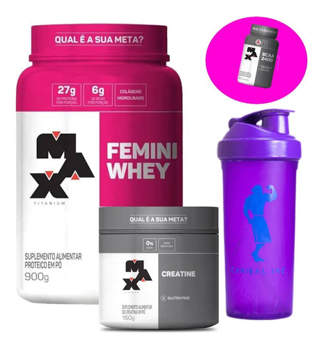 Combo Feminino Whey +creatina+ Bcaa 2400 Max Titanium+brinde