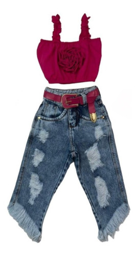 Cropped Infantil Conjunto Calça Jeans Moda Mini Diva + Cinto