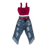 Cropped Infantil Conjunto Calça Jeans Moda Mini Diva + Cinto