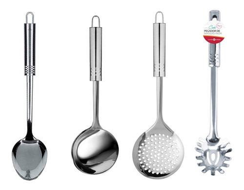 Jogo Kit Cozinha Colher Concha Escumadeira Pegador Inox