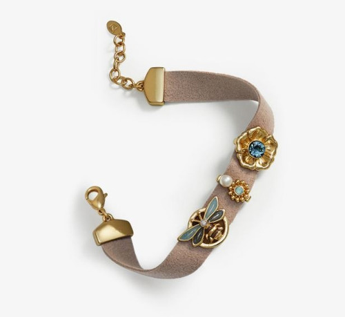 Pulsera Yanbal Ilana Doré Flor Libélula Gamuza Café Baño Or 