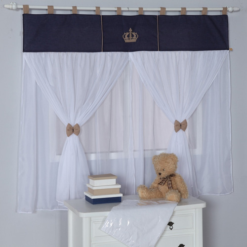 Cortina Para Quarto Bebê Coroa Príncipe Azul Marinho- Menino