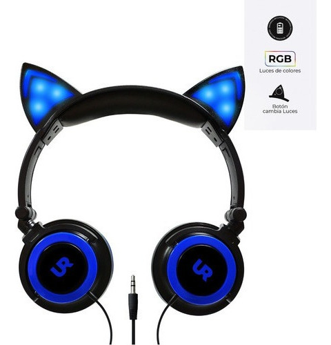 Audifonos Orejas De Gato Urbano Cat Luces Led Alambrico Color Azul