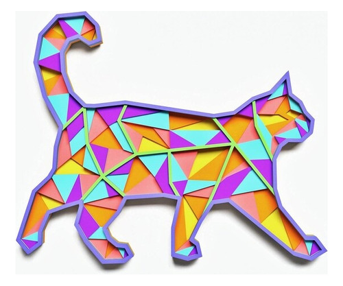 Cuadro Decorativo Gato Geometrico Colorido Madera