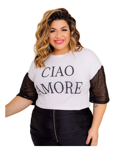 Top Cropped Preto  Paete Plus Size  Brilho  Festa Moda Cpm