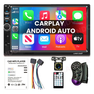 Estéreo Auto Land Cast 7018c-pro, Carplay Y Android Auto 2din, estéreo Pantalla Táctil Ips Hd de 7 pulgadas, 1024 x 600 px, Bluetooth,FM, Cámara de visión trasera de 12 LED Estéreo Carro Con Subwoofer | Envío gratis
