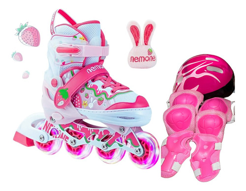 Patins Infantil Inline 4 Rodas Led+kit Proteção Moranguinho 