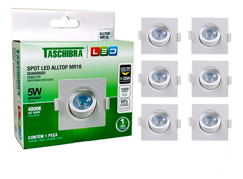 10 Spot Led Mr16 5w Embutir Quadrado Direcionável Taschibra