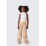 Calça Infantil Menina Wide Leg Em Sarja - Bege