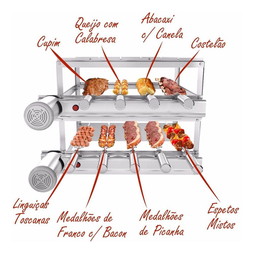 Churrasqueira Inox Gira Grill 9 Espetos Giratórios 3 Andares