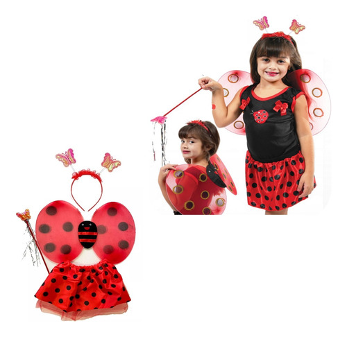 Fantasia Joaninha Infantil Festa Carnaval Kit Com 4 Peças