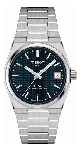 Reloj Tissot Prx Powermatic 80 Lady 35mm T1372071104100 Color De La Malla Plateado Color Del Bisel Plateado Color Del Fondo Azul