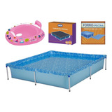 Kit Piscina 1500 Litros + Capa E Forro Mor + Boia Bote Rosa