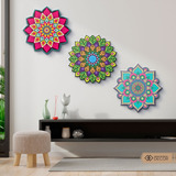 Trio Quadros Mandalas Decorativas Coloridas De Parede 30 Cm 