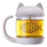 Taza De Vidrio Con Infusor Modelo Cat & Fish Gato Y Pez Color Beige Cat Fish