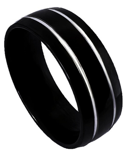 Anel Masculino 8mm Aço Cirúrgico Preto Com Friso Prata M600