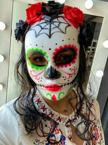 Máscara Catrina Peluca Flores Disfraz Dia Muertos Hallowe