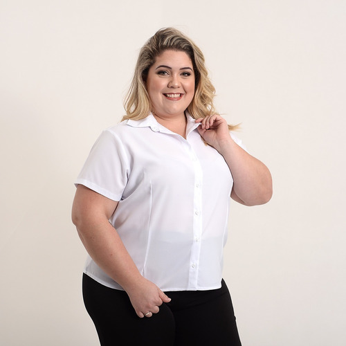 Camisete Camisa Feminino Plus Size Social Branco Manga Curta