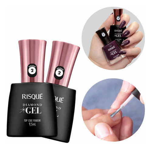 2 Extra Brilho Top Coat Fixador Risqué Diamond Gel 9,5ml