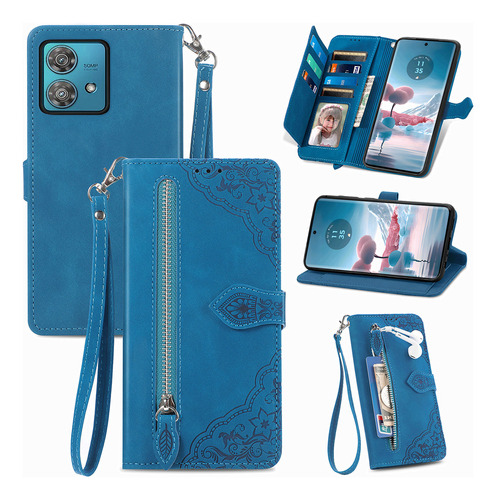 Capa De Couro Zipper Cards Solt Wallet Flower Para Motorola