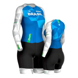 Macaquinho Ciclismo Ert New Elite Brasil Fem Manga Long Azul