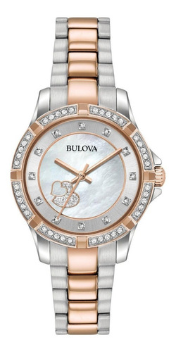 Reloj Bulova Cristales 98l233 Original Para Dama Color De La Correa Plateado/oro Rosa Color Del Bisel Oro Rosa Color Del Fondo Blanco