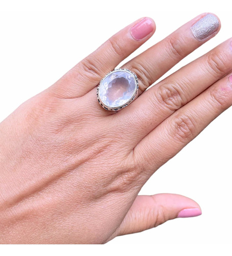 Anillo Ajustable Cuarzo Rosa Facetado En Plata Fina Ley .925