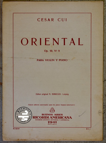 Antigua Partitura Violín Y Piano, 1941: Cesar Cui, Oriental