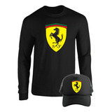 Camibuso Ferrari Logo Camiseta Manga Larga Combo Gorra 