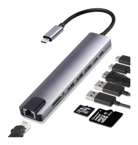 Adaptador Multi-puerto Usb Tipo C Dock Hub A Hdmi Lan 8 En 1