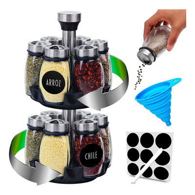 Especiero Giratorio 12 Frascos Vidrio Organizador De Cocina Negro\u002Fplateado | MercadoLibre