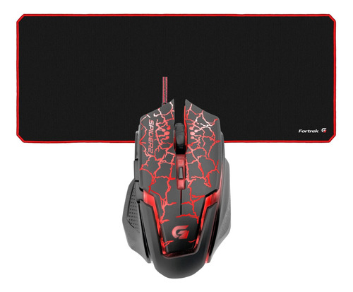 Kit Mouse Fortrek 3200dpi Gamer + Mousepad Vermelho Grande