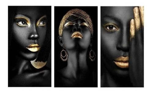 3 Quadros Placas 20x30 Mulheres Africanas Maquiagem Dourada